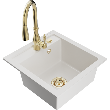 Mexen Vito granitový dřez 1-komorový s kuchyňskou baterií Savita, bílý - 6503-20-672601-50