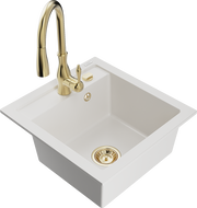 Mexen Vito granitový dřez 1-komorový s kuchyňskou baterií Savita, bílý - 6503-20-672601-50