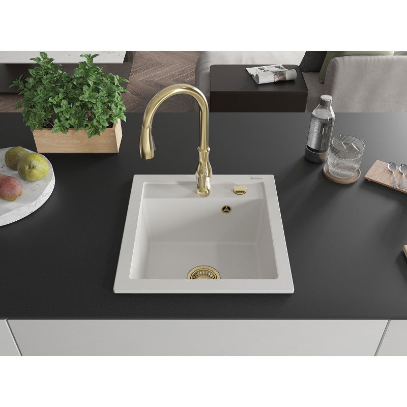 Mexen Vito granitový dřez 1-komorový s kuchyňskou baterií Savita, bílý - 6503-20-672601-50