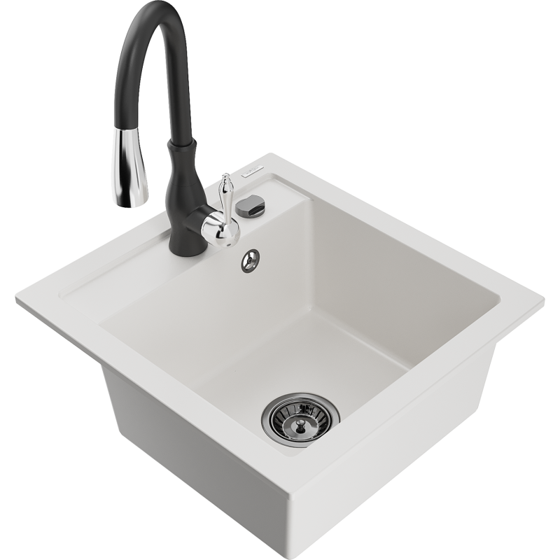 Mexen Vito granitový dřez 1-komorový s kuchyňskou baterií Savita, bílý - 6503-20-672601-70