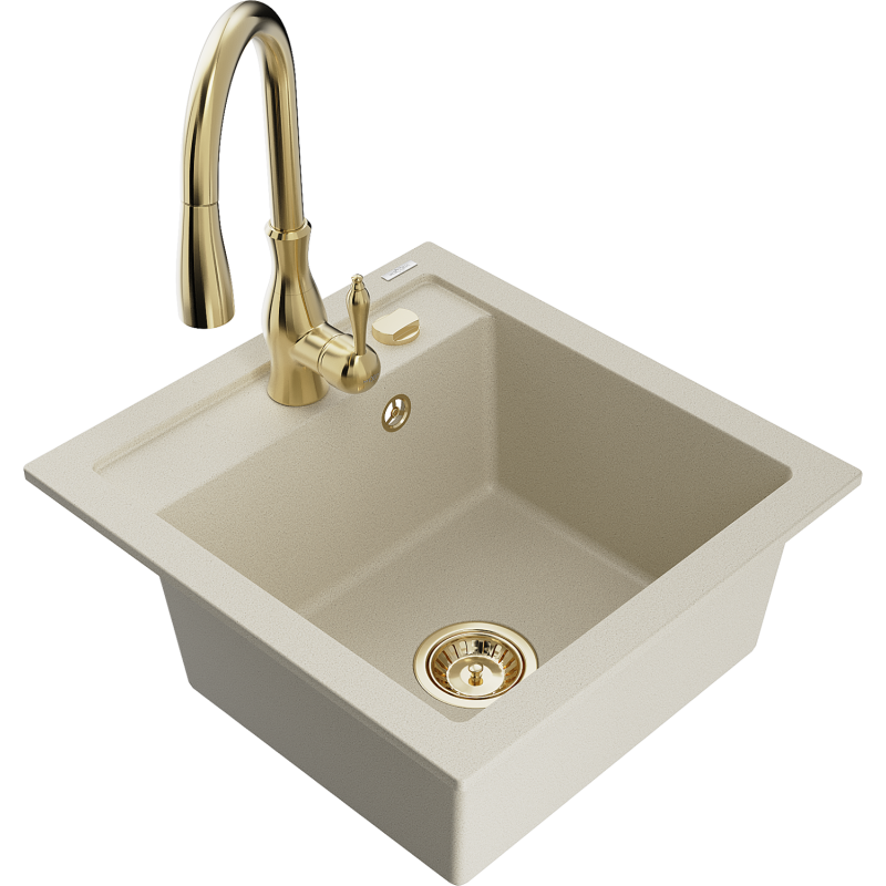 Mexen Vito granitový dřez 1-komorový s kuchyňskou baterií Savita, béžový - 6503-69-672601-50