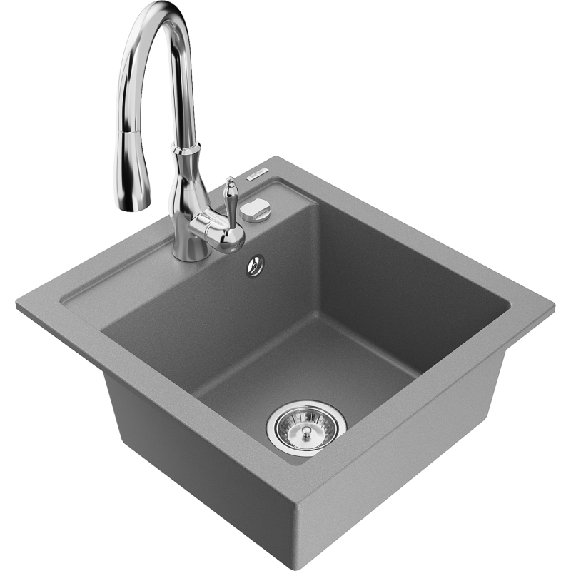 Mexen Vito granitový dřez 1-komorový s kuchyňskou baterií Savita, šedý - 6503-71-672601-00
