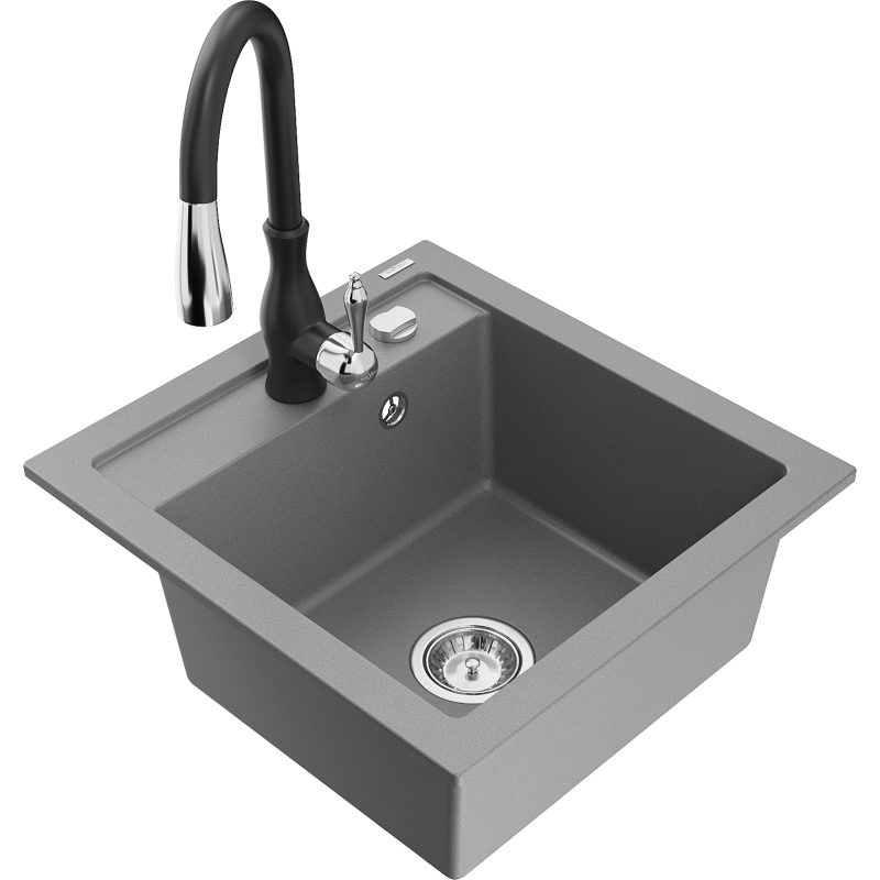 Mexen Vito granitový dřez 1-komorový s kuchyňskou baterií Savita, šedý - 6503-71-672601-70