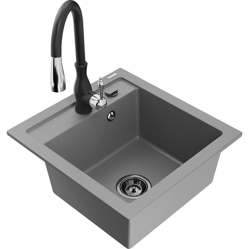 Mexen Vito granitový dřez 1-komorový s kuchyňskou baterií Savita, šedý - 6503-71-672601-70-B