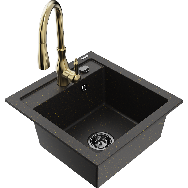 Mexen Vito granitový dřez s 1 přihrádkou s kuchyňskou baterií Savita, černý/zlatý metalický - 6503-75-672601-50-B