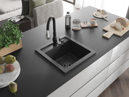 Mexen Vito granitový dřez 1-komorový s kuchyňskou baterií Savita, černý kropenatý - 6503-76-672601-70-B