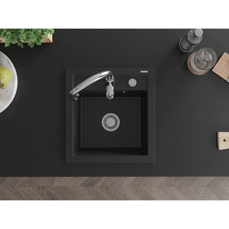 Mexen Vito žulový dřez 1-komorový s kuchyňskou baterií Savita, černý - 6503-77-672601-00
