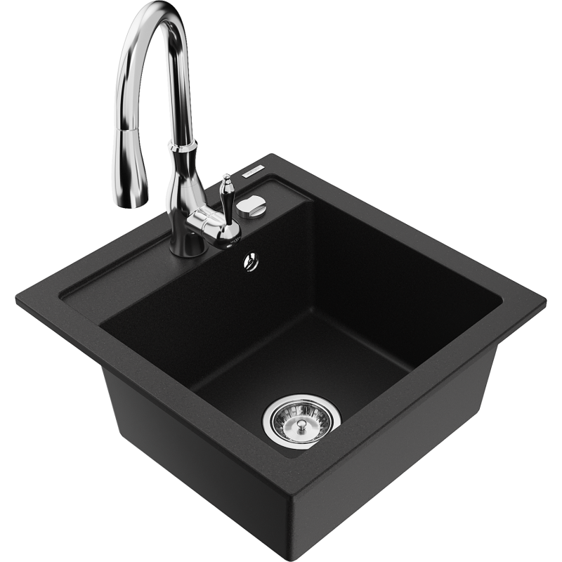 Mexen Vito žulový dřez 1-komorový s kuchyňskou baterií Savita, černý - 6503-77-672601-00