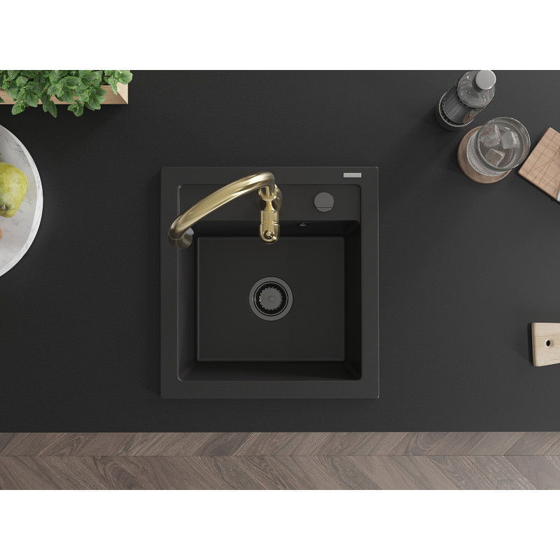 Mexen Vito granitový kuchyňský dřez s jednou komorou a kuchyňskou baterií Savita, černý - 6503-77-672601-50-B