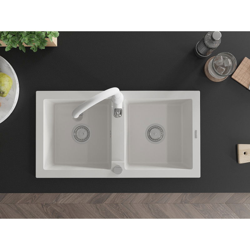 Mexen Mario žulový dřez s 2 komorami a kuchyňskou baterií Savita, bílý - 6504-20-672601-20