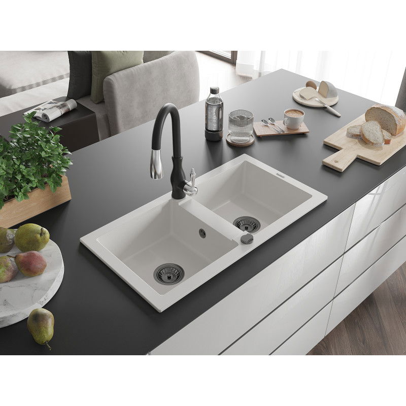 Mexen Mario granitový dřez 2-komorový s kuchyňskou baterií Savita, bílý - 6504-20-672601-70