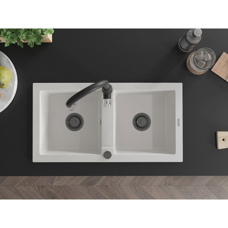 Mexen Mario granitový dřez 2-komorový s kuchyňskou baterií Savita, bílý - 6504-20-672601-70