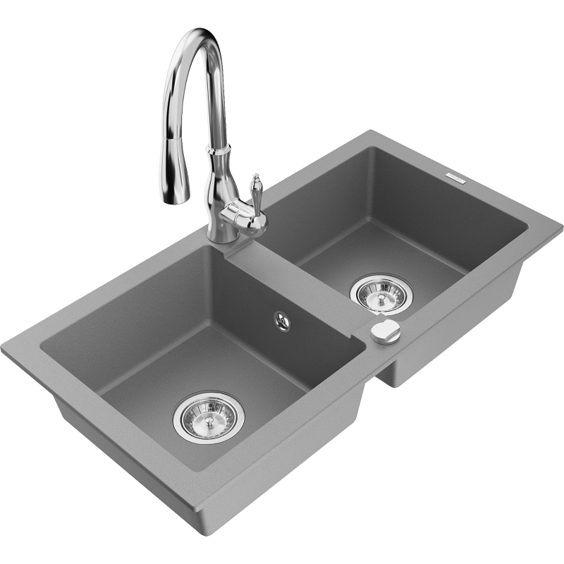 Mexen Mario žulový dřez 2komorový s kuchyňskou baterií Savita, šedý - 6504-71-672601-00