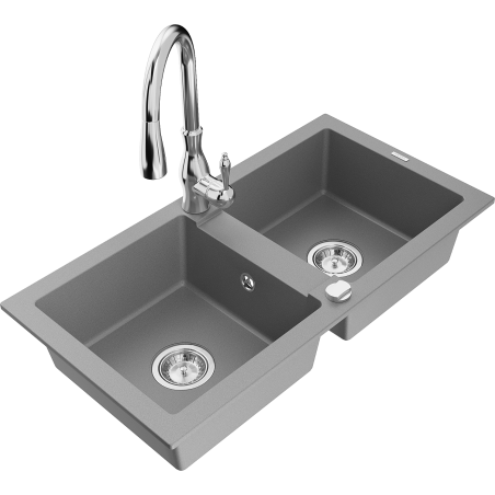 Mexen Mario žulový dřez 2komorový s kuchyňskou baterií Savita, šedý - 6504-71-672601-00