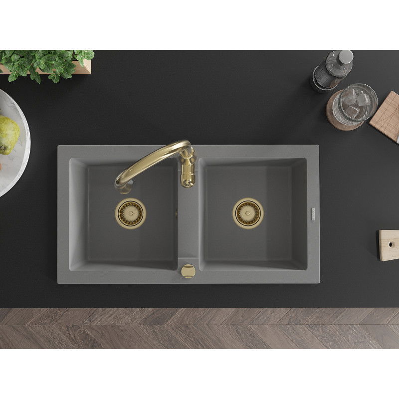 Mexen Mario granitový dřez 2-komorový s kuchyňskou baterií Savita, šedý - 6504-71-672601-50