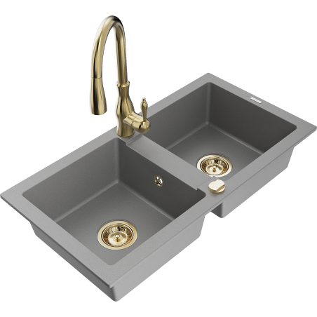 Mexen Mario granitový dřez 2-komorový s kuchyňskou baterií Savita, šedý - 6504-71-672601-50