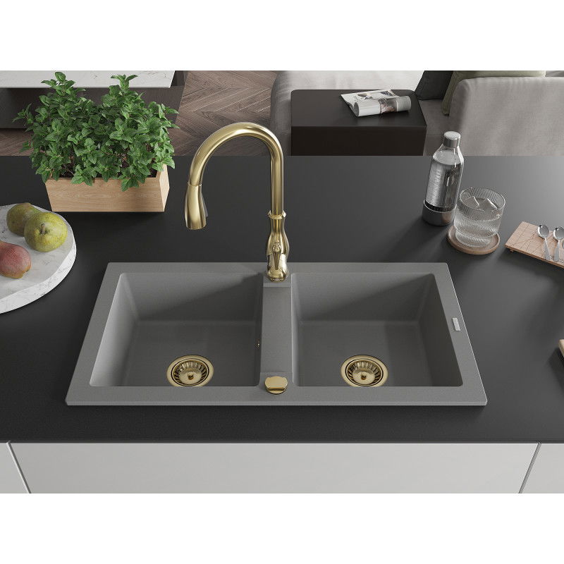 Mexen Mario granitový dřez 2-komorový s kuchyňskou baterií Savita, šedý - 6504-71-672601-50