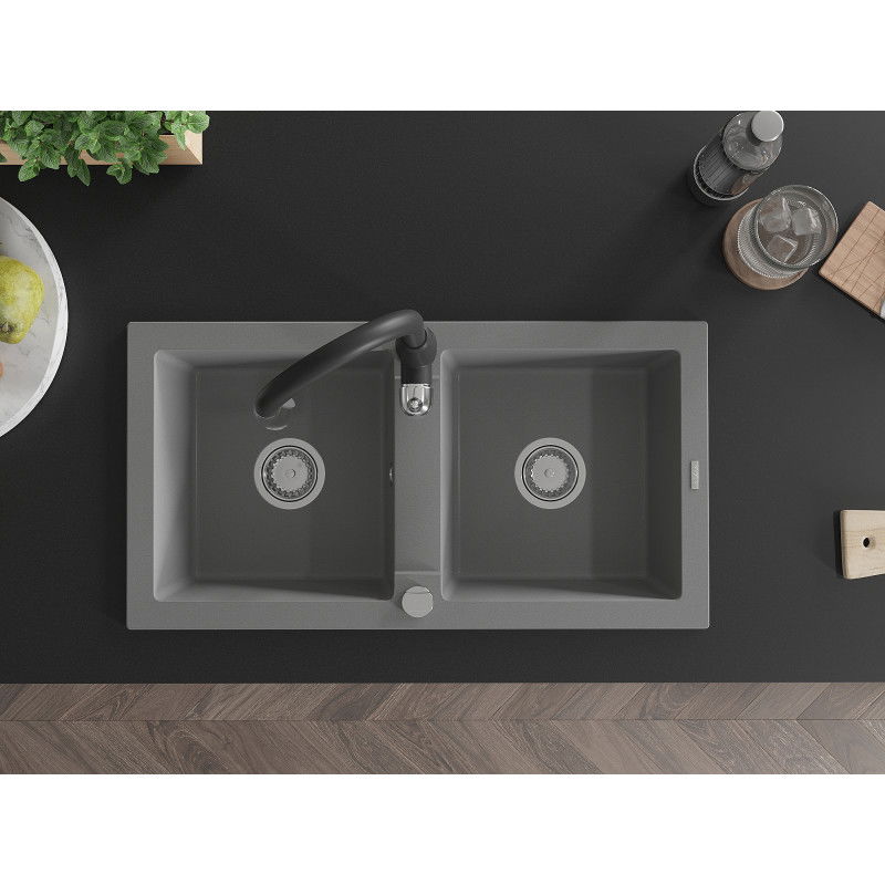 Mexen Mario žulový dřez dvoukomorový s kuchyňskou baterií Savita, šedý - 6504-71-672601-70