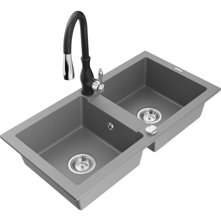 Mexen Mario žulový dřez dvoukomorový s kuchyňskou baterií Savita, šedý - 6504-71-672601-70
