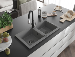 Mexen Mario dřez granitový 2-komorový s kuchyňskou baterií Savita, šedý - 6504-71-672601-70-B