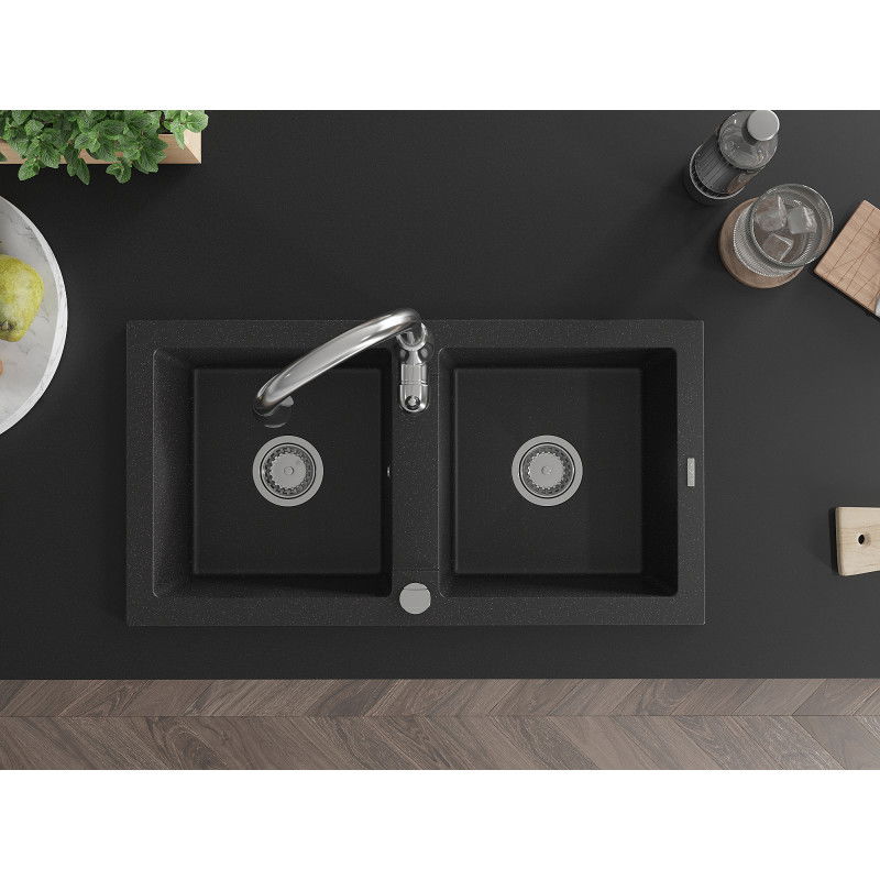 Mexen Mario dvoukomorový granitový dřez s kuchyňskou baterií Savita, černý/stříbrný metalíza - 6504-73-672601-00