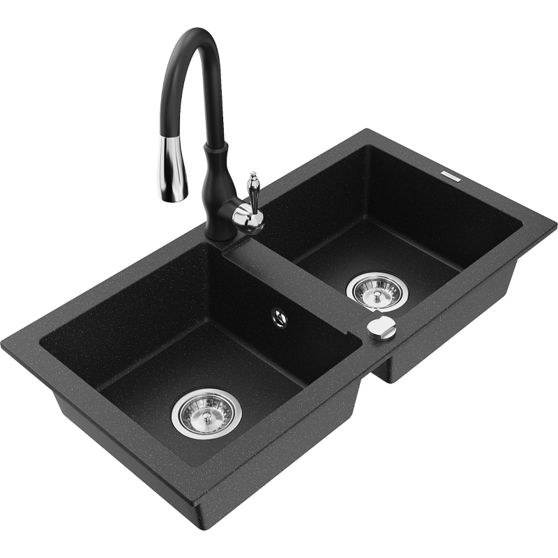 Mexen Mario žulový dřez s 2 komorami a kuchyňskou baterií Savita, černý/stříbrný metalický - 6504-73-672601-70