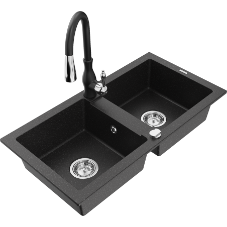 Mexen Mario žulový dřez s 2 komorami a kuchyňskou baterií Savita, černý/stříbrný metalický - 6504-73-672601-70