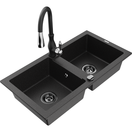 Mexen Mario dřez žulový 2-komorový s kuchyňskou baterií Savita, černý/stříbrný metalický - 6504-73-672601-70-B