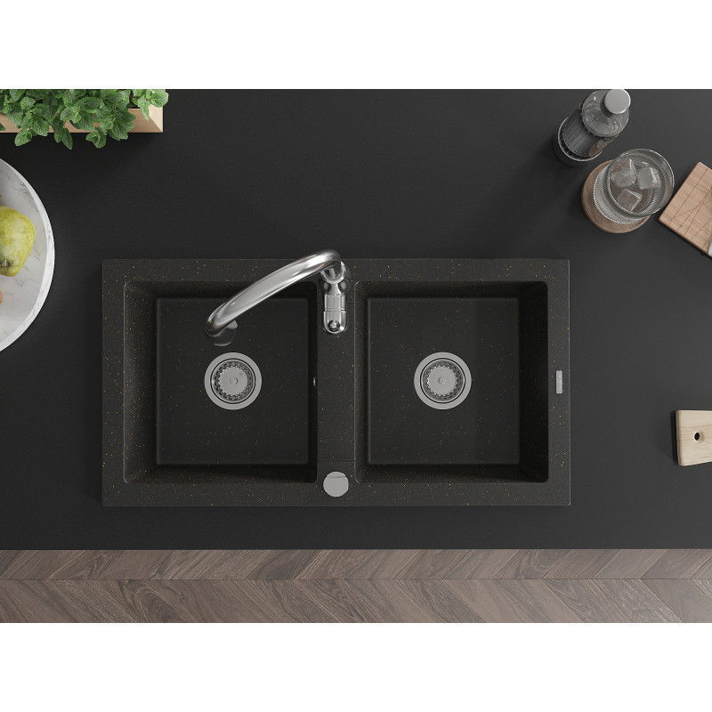 Mexen Mario žulový dřez, dvoukomorový s kuchyňskou baterií Savita, černý/zlatý metalický - 6504-75-672601-00