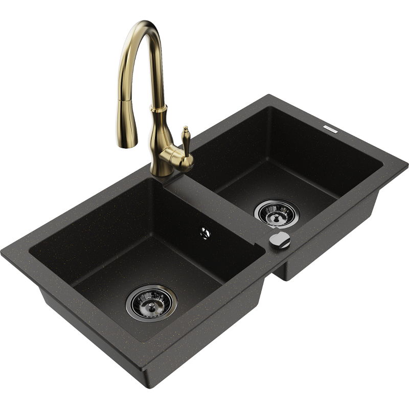 Mexen Mario dvojkomorový žulový dřez s kuchyňskou baterií Savita, černý/zlatý metalický - 6504-75-672601-50-B