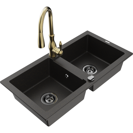 Mexen Mario dvojkomorový žulový dřez s kuchyňskou baterií Savita, černý/zlatý metalický - 6504-75-672601-50-B