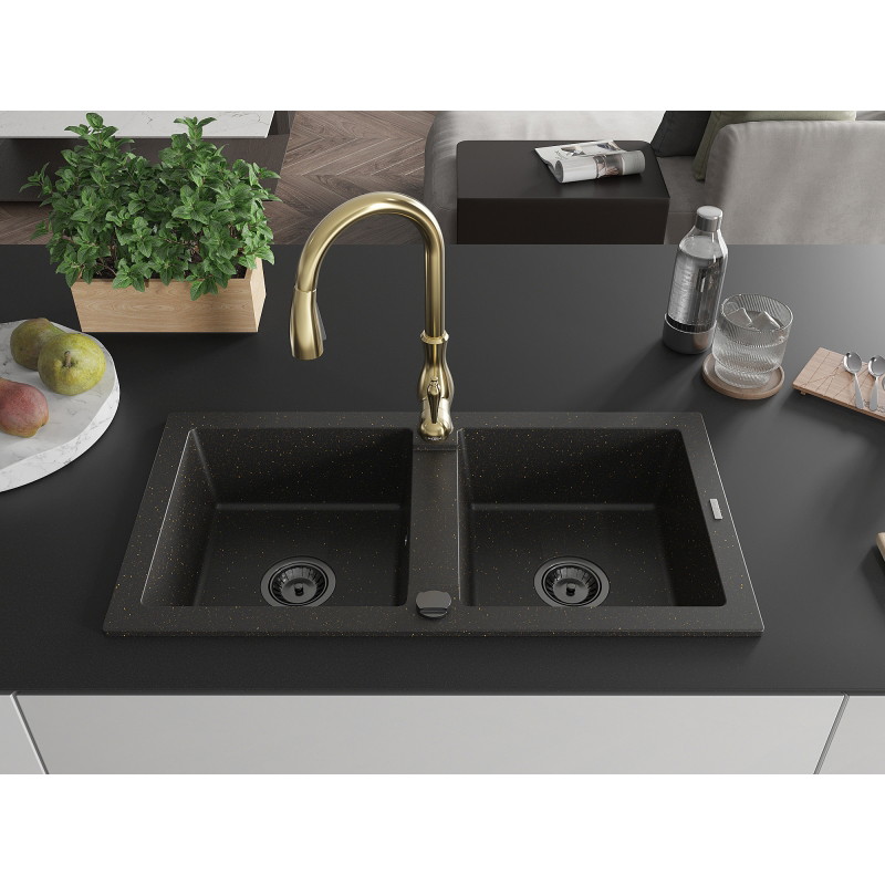 Mexen Mario granitový dřez 2-komorový s kuchyňskou baterií Savita, černý/zlatý metalický - 6504-75-672601-50-B