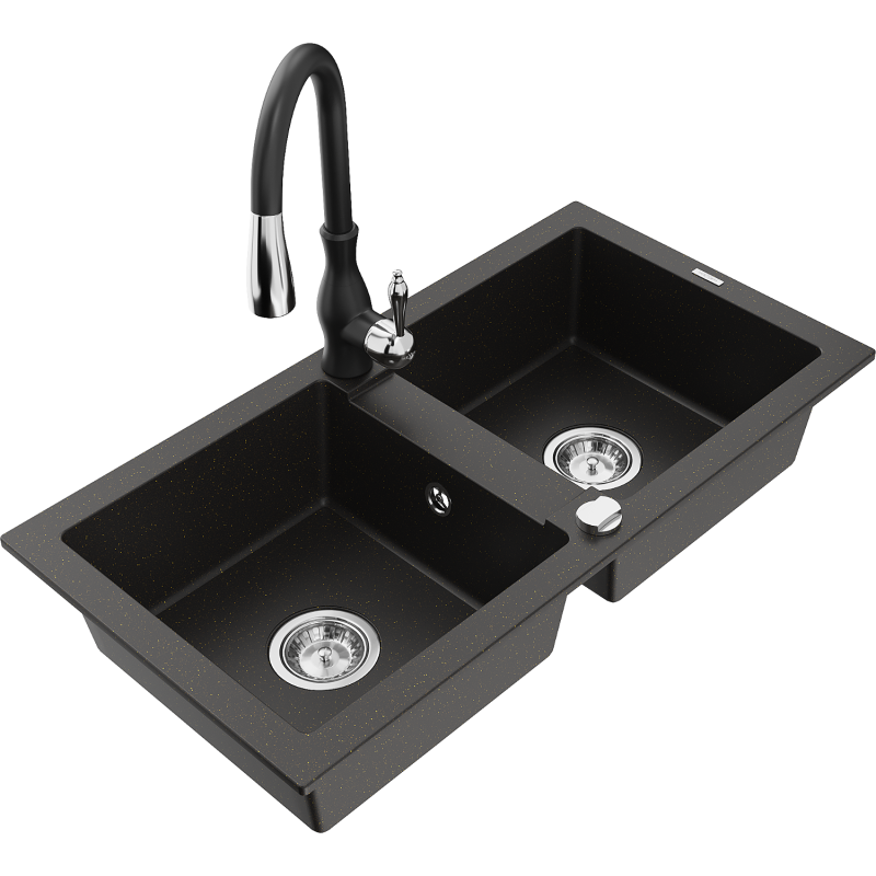 Mexen Mario dvoukomorový granitový dřez s kuchyňskou baterií Savita, černý/zlatý metalik - 6504-75-672601-70