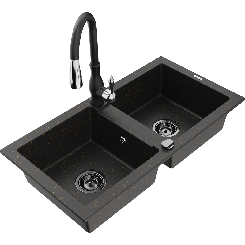 Mexen Mario žulový dřez 2-komorový s kuchyňskou baterií Savita, černý/zlatý metalický - 6504-75-672601-70-B