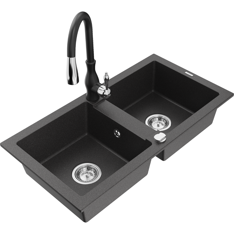 Mexen Mario žulový dřez 2-komorový s kuchyňskou baterií Savita, černý skvrnitý - 6504-76-672601-70