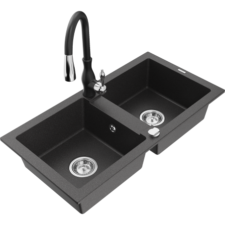 Mexen Mario žulový dřez 2-komorový s kuchyňskou baterií Savita, černý skvrnitý - 6504-76-672601-70