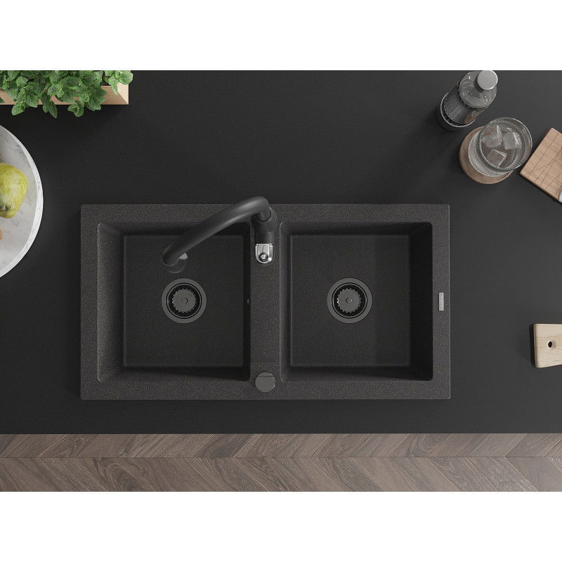 Mexen Mario žulový dřez 2-komorový s kuchyňskou baterií Savita, černý kropenatý - 6504-76-672601-70-B