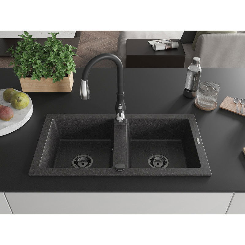 Mexen Mario žulový dřez 2-komorový s kuchyňskou baterií Savita, černý kropenatý - 6504-76-672601-70-B