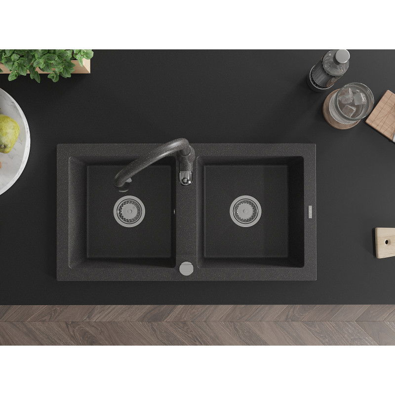 Mexen Mario granitový dřez 2-komorový s kuchyňskou baterií Savita, černý skvrnitý - 6504-76-672601-76