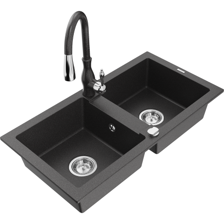Mexen Mario granitový dřez 2-komorový s kuchyňskou baterií Savita, černý skvrnitý - 6504-76-672601-76
