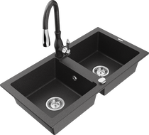 Mexen Mario granitový dřez s 2 komorami s kuchyňskou baterií Savita, černý skvrnitý - 6504-76-672601-76