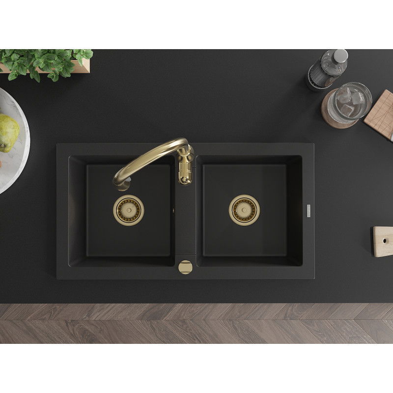 Mexen Mario dvoukomorový granitový dřez s kuchyňskou baterií Savita, černý - 6504-77-672601-50