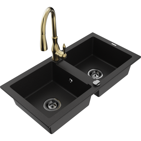 Mexen Mario granitový dřez dvoukomorový s kuchyňskou baterií Savita, černý - 6504-77-672601-50-B