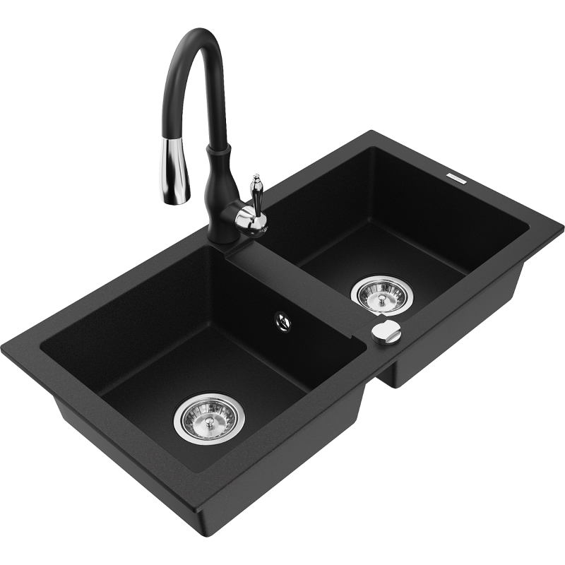 Mexen Mario granitový dřez 2-komorový s kuchyňskou baterií Savita, černý - 6504-77-672601-70