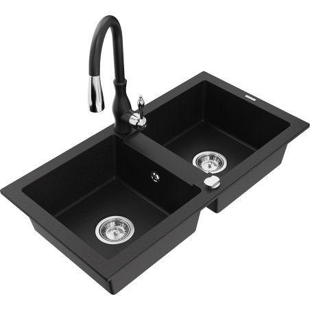 Mexen Mario granitový dřez 2-komorový s kuchyňskou baterií Savita, černý - 6504-77-672601-70
