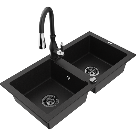 Mexen Mario dřez dvoukomorový s kuchyňskou baterií Savita, černý - 6504-77-672601-70-B