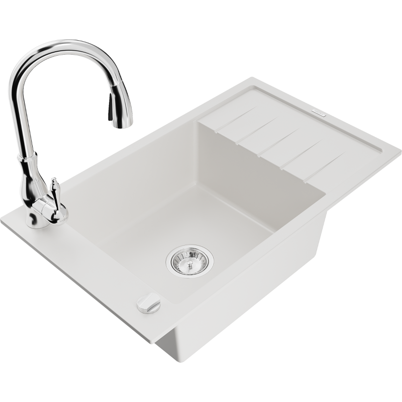 Mexen Elias granitový dřez 1-komorový s odkapávačem a kuchyňskou baterií Savita, bílý - 6511-20-672601-00