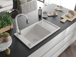 Mexen Elias granitový dřez 1-komorový s odkapávačem a kuchyňskou baterií Savita, bílý - 6511-20-672601-20