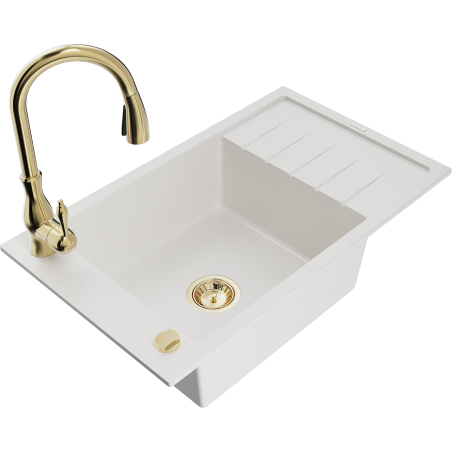 Mexen Elias granitový dřez 1-komorový s odkapávačem a kuchyňskou baterií Savita, bílý - 6511-20-672601-50