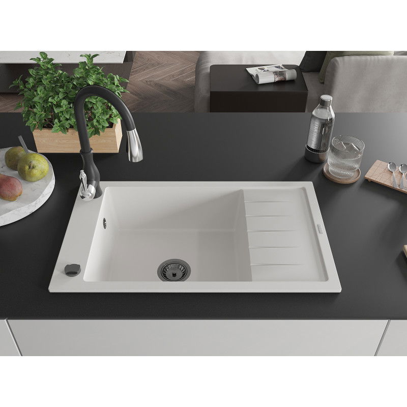 Mexen Elias granitový dřez 1-komorový s odkapávačem a kuchyňskou baterií Savita, bílý - 6511-20-672601-70